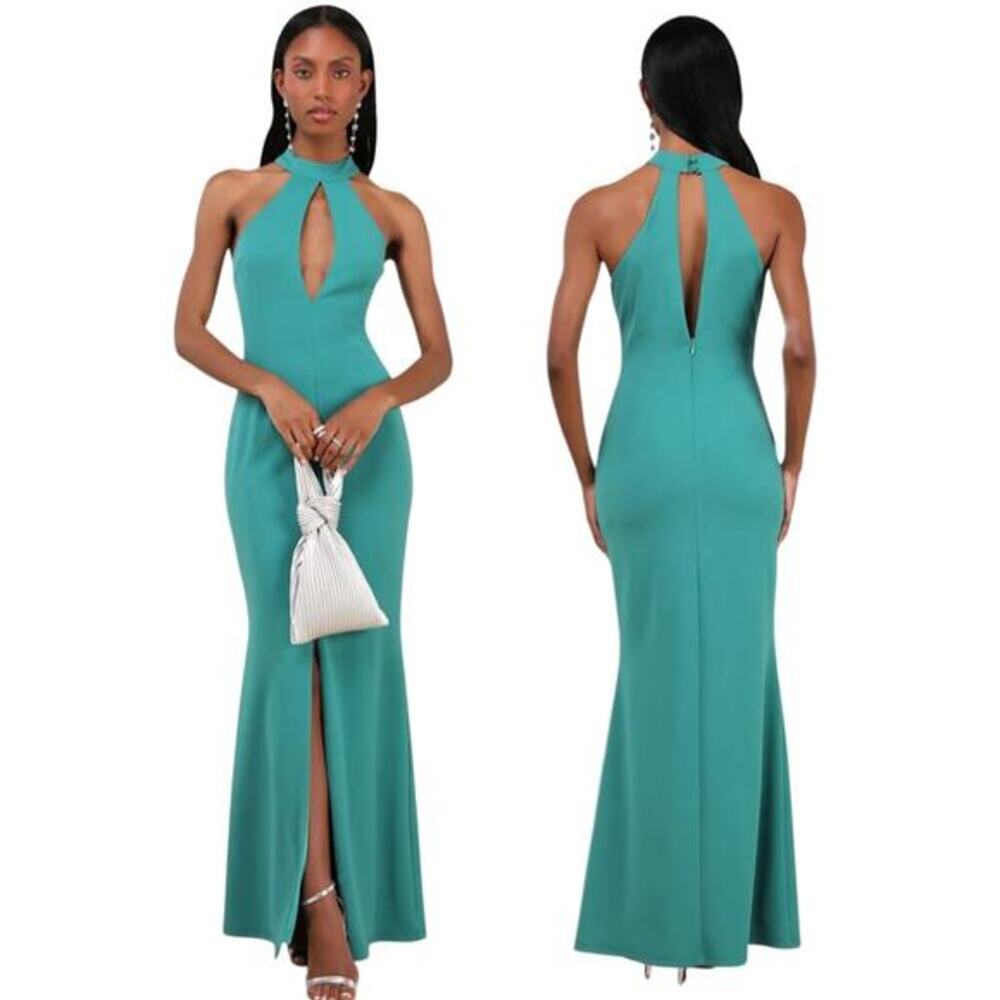 Lulus Belestina Teal Green Cutout Mock Neck Maxi Dress size Small